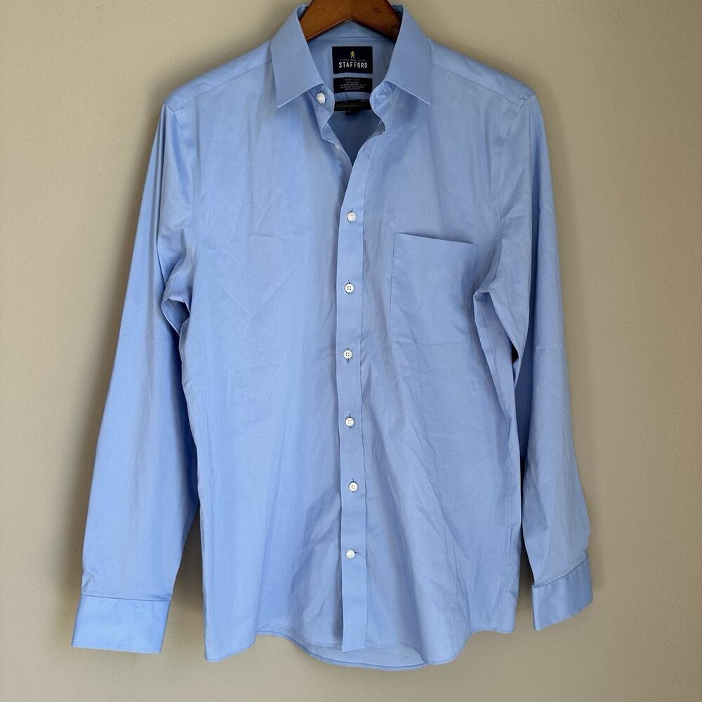 Stafford Smart Tech Slim Fit Blue Button Up Shirt Business Casual Mens Size M
